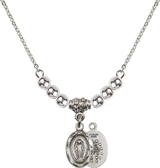 18" Rhodium Plated Necklace with 4mm Sterling Silver Beads featuring a Sterling Silver Miraculous Medal.