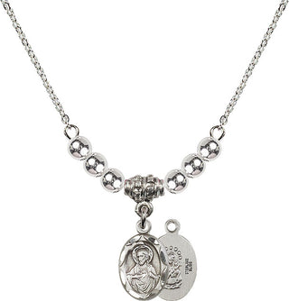 18" Rhodium Plated Necklace with 4mm Sterling Silver Beads featuring a Sterling Silver Scapular Medal.