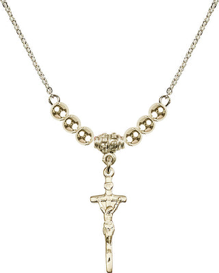 18" Hamilton Gold Plated Necklace with 4mm 14kt Gold Filled Beads featuring a 14kt Gold Filled Papal Crucifix Medal.