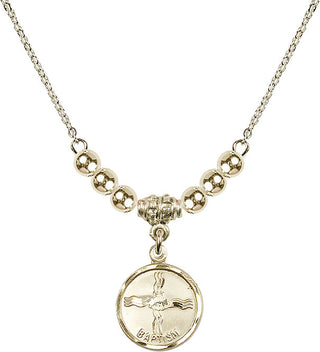 18" Hamilton Gold Plated Necklace with 4mm 14kt Gold Filled Beads featuring a 14kt Gold Filled Baptism Medal. Engraved Catholic Saint Jewelry