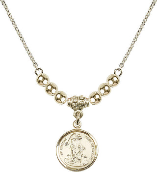 18" Hamilton Gold Plated Necklace with 4mm 14kt Gold Filled Beads featuring a 14kt Gold Filled Guardian Angel Medal. Engraved Catholic Saint Jewelry