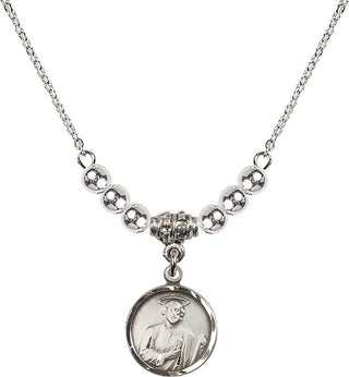 18" Rhodium Plated Necklace with 4mm Sterling Silver Beads featuring a Sterling Silver Saint Jude Medal. Engraved Catholic Saint Jewelry