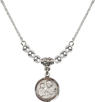 18" Rhodium Plated Necklace with 4mm Sterling Silver Beads featuring a Sterling Silver Saint Joseph Medal. Engraved Catholic Saint Jewelry