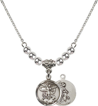 18" Rhodium Plated Necklace with 4mm Sterling Silver Beads featuring a Sterling Silver Saint Michael the Archangel Medal.