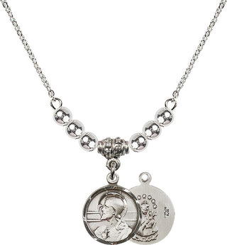 18" Rhodium Plated Necklace with 4mm Sterling Silver Beads featuring a Sterling Silver Scapular Medal.