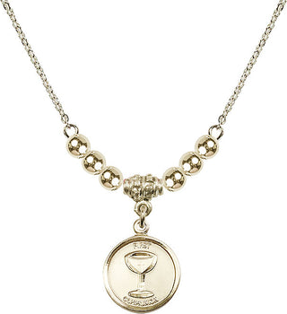18" Hamilton Gold Plated Necklace with 4mm 14kt Gold Filled Beads featuring a 14kt Gold Filled Communion Medal. Engraved Catholic Saint Jewelry