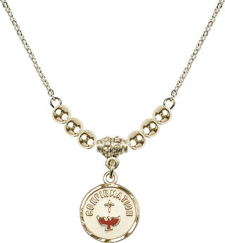 18" Hamilton Gold Plated Necklace with 4mm 14kt Gold Filled Beads featuring a 14kt Gold Filled Confirmation Medal. Engraved Catholic Saint Jewelry