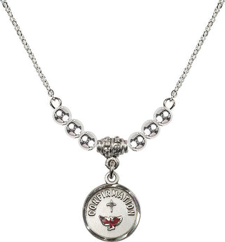 18" Rhodium Plated Necklace with 4mm Sterling Silver Beads featuring a Sterling Silver Confirmation Medal. Engraved Catholic Saint Jewelry