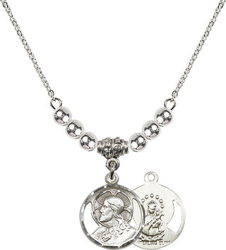 18" Rhodium Plated Necklace with 4mm Sterling Silver Beads featuring a Sterling Silver Scapular Medal.