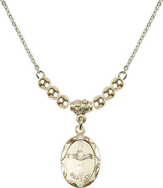 18" Hamilton Gold Plated Necklace with 4mm 14kt Gold Filled Beads featuring a 14kt Gold Filled Baptism Medal. Engraved Catholic Saint Jewelry