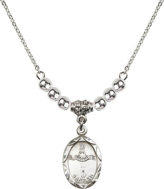18" Rhodium Plated Necklace with 4mm Sterling Silver Beads featuring a Sterling Silver Baptism Medal. Engraved Catholic Saint Jewelry