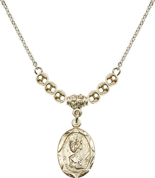 18" Hamilton Gold Plated Necklace with 4mm 14kt Gold Filled Beads featuring a 14kt Gold Filled Saint Christopher Medal. Engraved Catholic Saint Jewelry