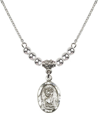 18" Rhodium Plated Necklace with 4mm Sterling Silver Beads featuring a Sterling Silver Saint Christopher Medal. Engraved Catholic Saint Jewelry
