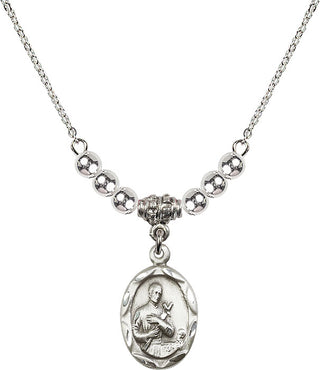 18" Rhodium Plated Necklace with 4mm Sterling Silver Beads featuring a Sterling Silver Saint Gerard Medal. Engraved Catholic Saint Jewelry