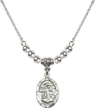 18" Rhodium Plated Necklace with 4mm Sterling Silver Beads featuring a Sterling Silver Saint Michael the Archangel Medal.