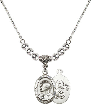 18" Rhodium Plated Necklace with 4mm Sterling Silver Beads featuring a Sterling Silver Scapular Medal.