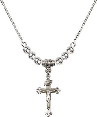 18" Rhodium Plated Necklace with 4mm Sterling Silver Beads featuring a Sterling Silver Crucifix Medal.