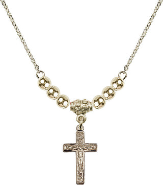 18" Hamilton Gold Plated Necklace with 4mm 14kt Gold Filled Beads featuring a 14kt Gold Filled Crucifix Medal.