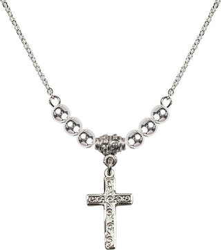 18" Rhodium Plated Necklace with 4mm Sterling Silver Beads featuring a Sterling Silver Cross Medal.