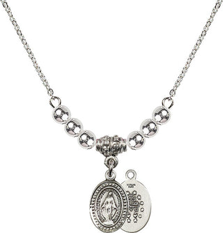 18" Rhodium Plated Necklace with 4mm Sterling Silver Beads featuring a Sterling Silver Miraculous Medal.