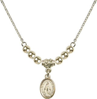 18" Hamilton Gold Plated Necklace with 4mm 14kt Gold Filled Beads featuring a 14kt Gold Filled Miraculous Medal.