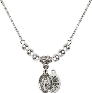 18" Rhodium Plated Necklace with 4mm Sterling Silver Beads featuring a Sterling Silver Miraculous Medal.