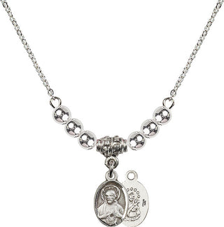 18" Rhodium Plated Necklace with 4mm Sterling Silver Beads featuring a Sterling Silver Scapular Medal.