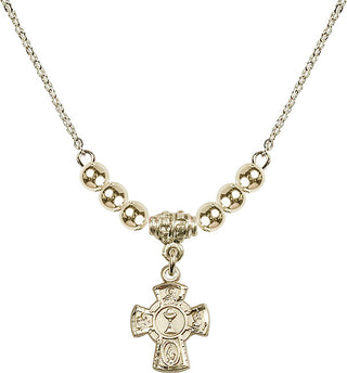 18" Hamilton Gold Plated Necklace with 4mm 14kt Gold Filled Beads featuring a 14kt Gold Filled 5-Way / Chalice Medal.