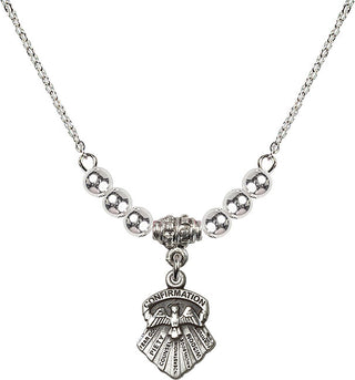 18" Rhodium Plated Necklace with 4mm Sterling Silver Beads featuring a Sterling Silver Seven Gifts Medal.