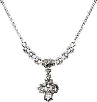 18" Rhodium Plated Necklace with 4mm Sterling Silver Beads featuring a Sterling Silver Communion 5-Way Medal.