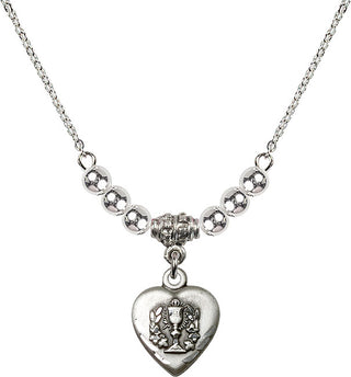18" Rhodium Plated Necklace with 4mm Sterling Silver Beads featuring a Sterling Silver Heart / Communion Medal.