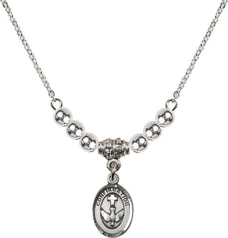 18" Rhodium Plated Necklace with 4mm Sterling Silver Beads featuring a Sterling Silver Confirmation Medal.
