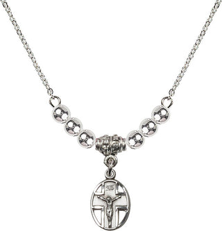 18" Rhodium Plated Necklace with 4mm Sterling Silver Beads featuring a Sterling Silver Crucifix Medal.