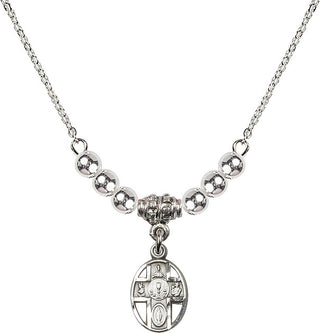 18" Rhodium Plated Necklace with 4mm Sterling Silver Beads featuring a Sterling Silver 5-Way / Chalice Medal.