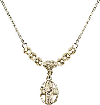 18" Hamilton Gold Plated Necklace with 4mm 14kt Gold Filled Beads featuring a 14kt Gold Filled 5-Way Medal.