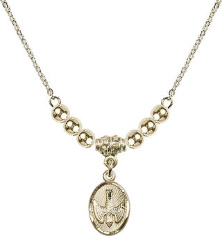 18" Hamilton Gold Plated Necklace with 4mm 14kt Gold Filled Beads featuring a 14kt Gold Filled Holy Spirit Medal.