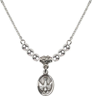 18" Rhodium Plated Necklace with 4mm Sterling Silver Beads featuring a Sterling Silver Holy Spirit Medal.