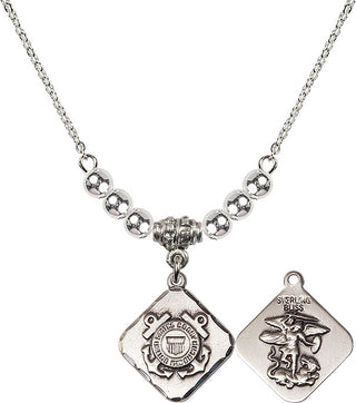 18" Rhodium Plated Necklace with 4mm Sterling Silver Beads featuring a Sterling Silver Coast Guard Diamond Medal.