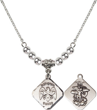 18" Rhodium Plated Necklace with 4mm Sterling Silver Beads featuring a Sterling Silver Nat'l Guard Diamond Medal.