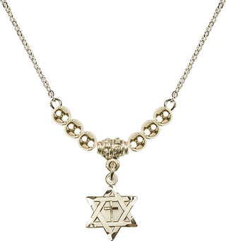 18" Hamilton Gold Plated Necklace with 4mm 14kt Gold Filled Beads featuring a 14kt Gold Filled Star of David with Cross Medal.