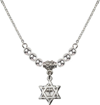 18" Rhodium Plated Necklace with 4mm Sterling Silver Beads featuring a Sterling Silver Star of David with Cross Medal.