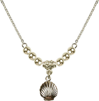 18" Hamilton Gold Plated Necklace with 4mm 14kt Gold Filled Beads featuring a 14kt Gold Filled Shell Medal.