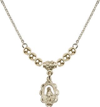 18" Hamilton Gold Plated Necklace with 4mm 14kt Gold Filled Beads featuring a 14kt Gold Filled Miraculous Medal.