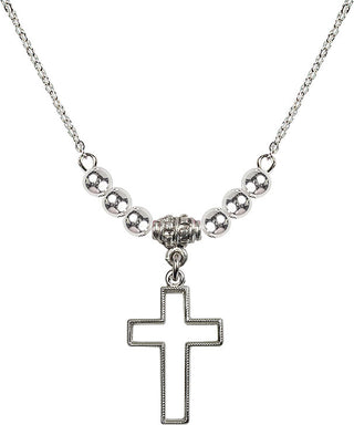 18" Rhodium Plated Necklace with 4mm Sterling Silver Beads featuring a Sterling Silver Cross Medal.