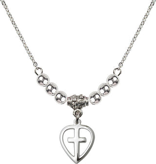 18" Rhodium Plated Necklace with 4mm Sterling Silver Beads featuring a Sterling Silver Heart / Cross Medal.