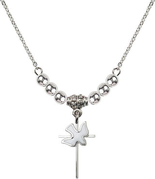 18" Rhodium Plated Necklace with 4mm Sterling Silver Beads featuring a Sterling Silver Cross / Holy Spirit Medal.