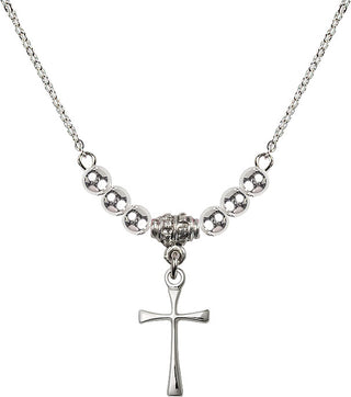 18" Rhodium Plated Necklace with 4mm Sterling Silver Beads featuring a Sterling Silver Maltese Cross Medal.