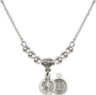 18" Rhodium Plated Necklace with 4mm Sterling Silver Beads featuring a Sterling Silver Saint Benedict Medal.