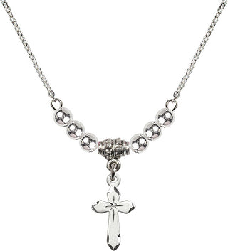18" Rhodium Plated Necklace with 4mm Sterling Silver Beads featuring a Sterling Silver Cross Medal.
