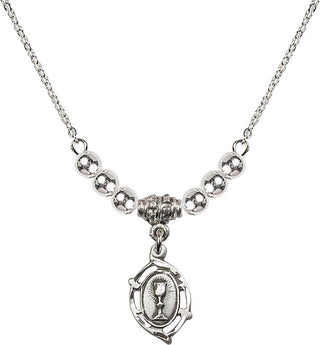 18" Rhodium Plated Necklace with 4mm Sterling Silver Beads featuring a Sterling Silver Communion Medal.